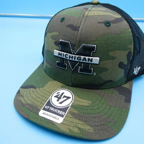 '47 Brand U of M Hat Mens Green Camo Trucker Snapback Cap Michigan Wolverines - Picture 3 of 8